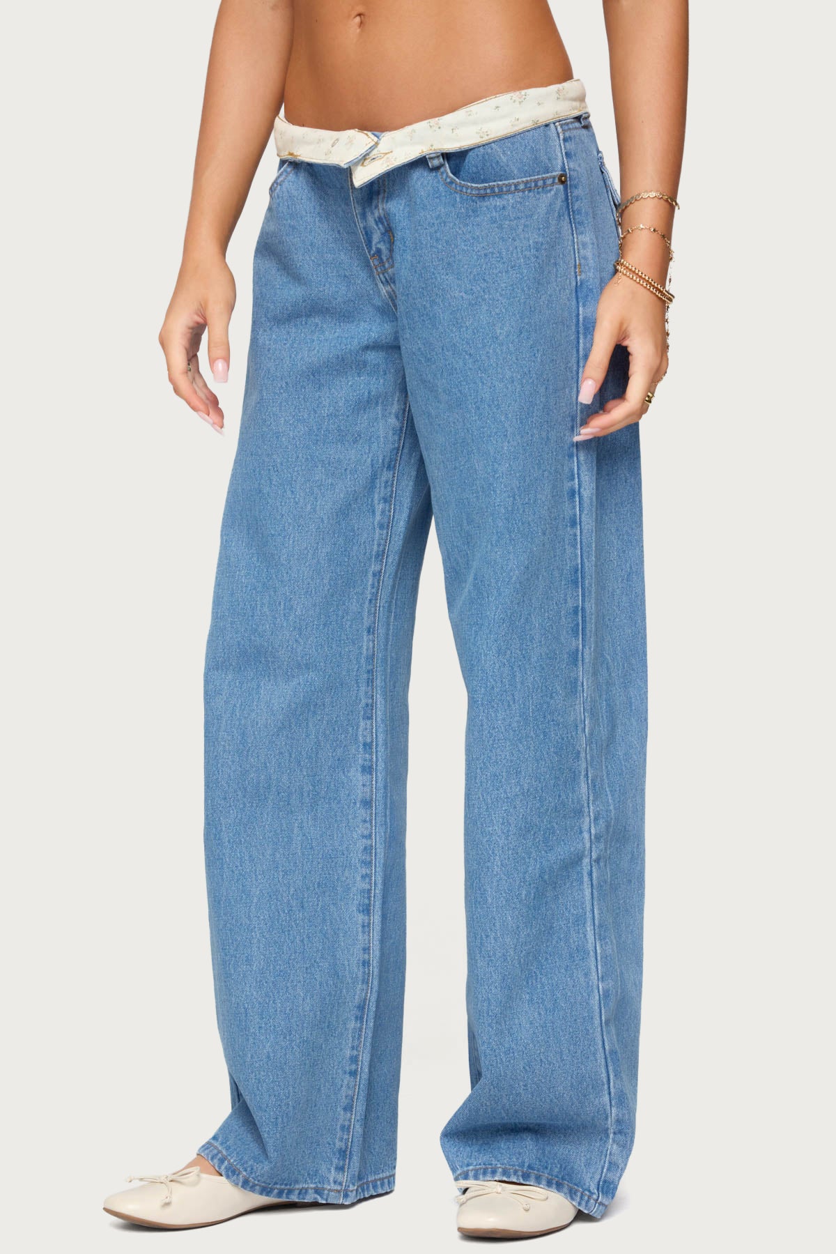 Floral Foldover Low Rise Jeans