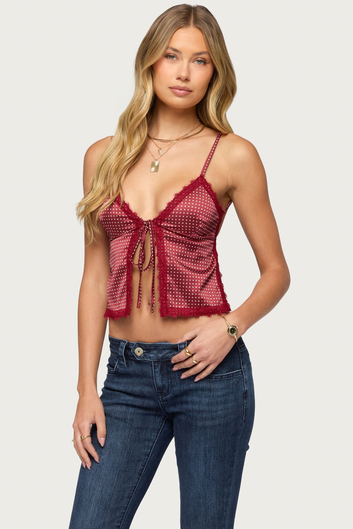 Backless Satin Effect Polka Dot Top