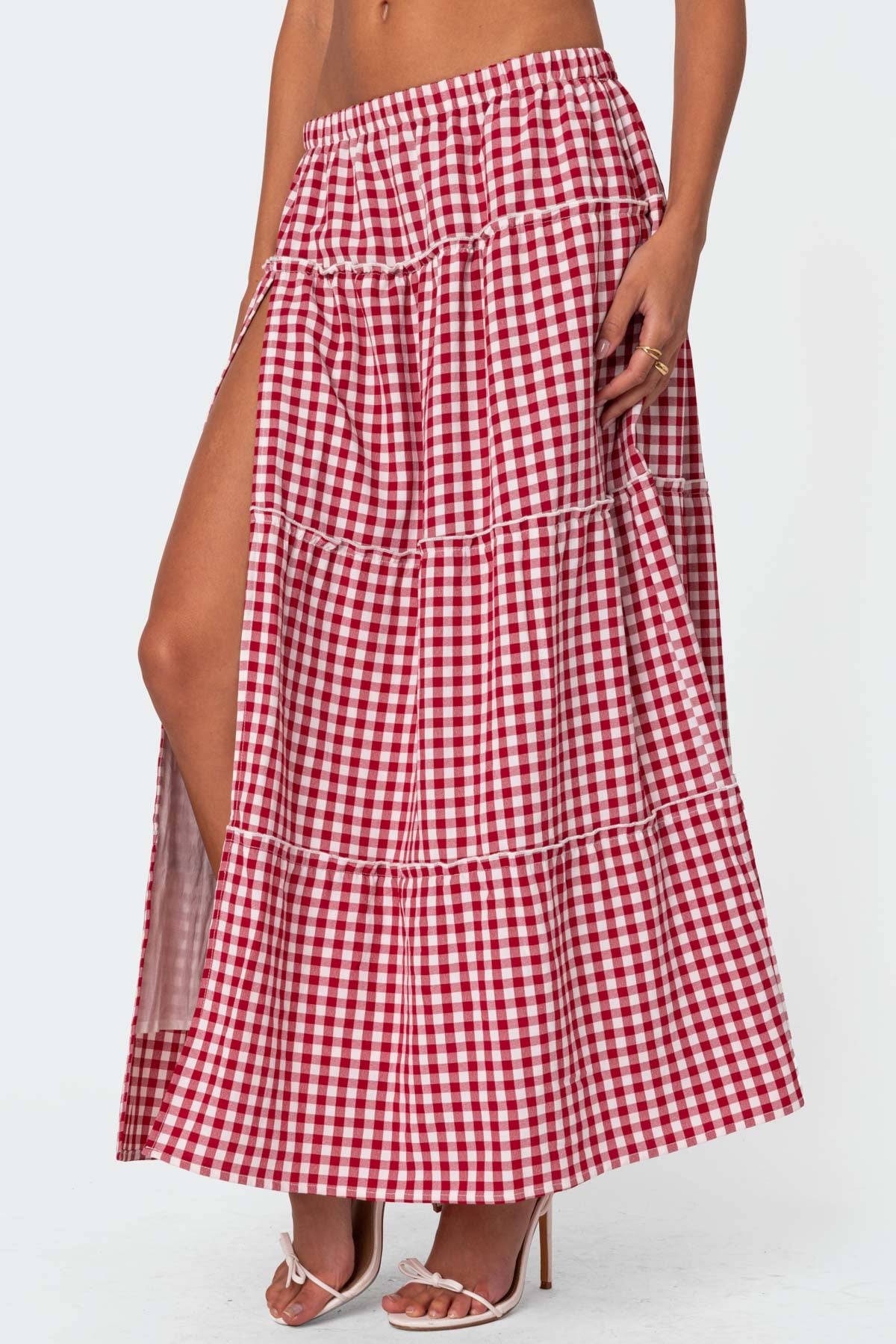 Gingham Side Slit Tiered Maxi Skirt