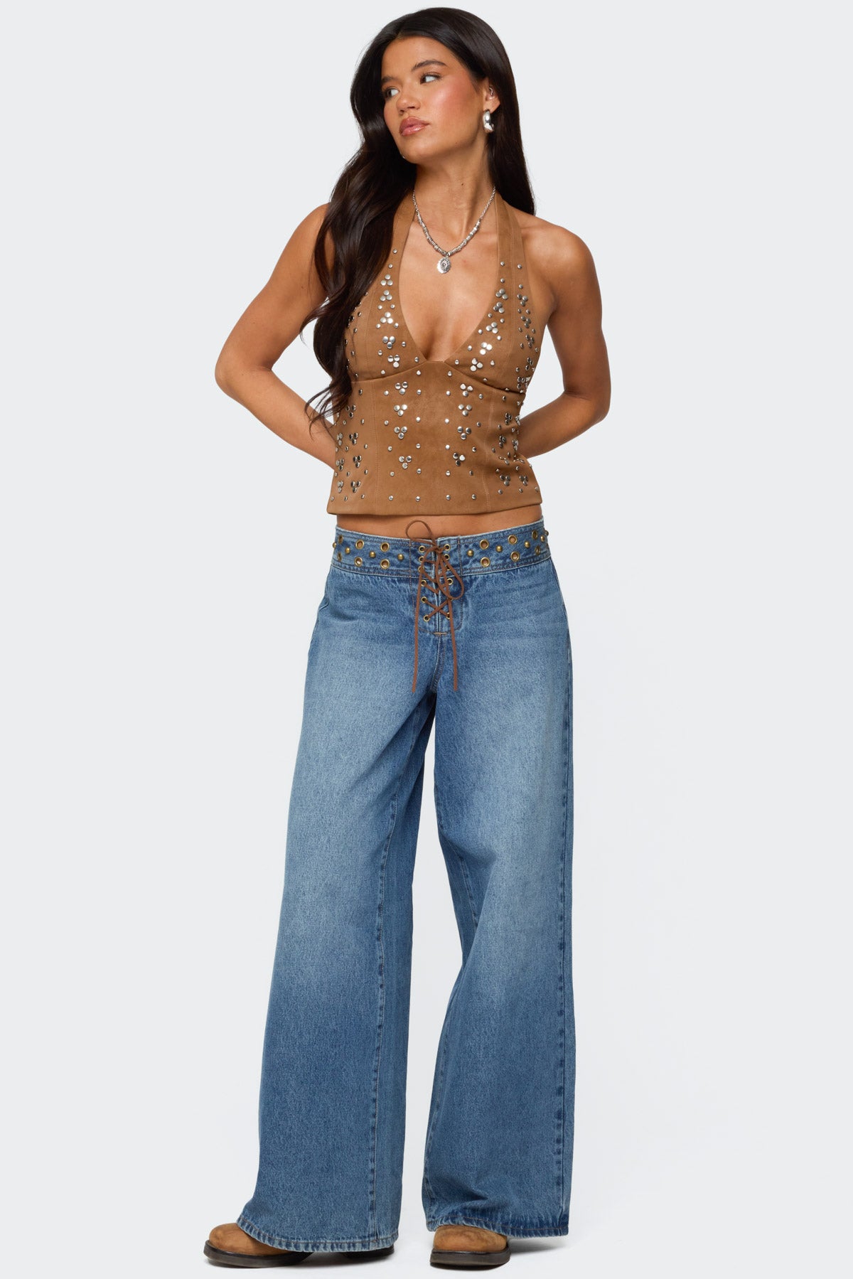 Xaria Studded Faux Suede Halter Top
