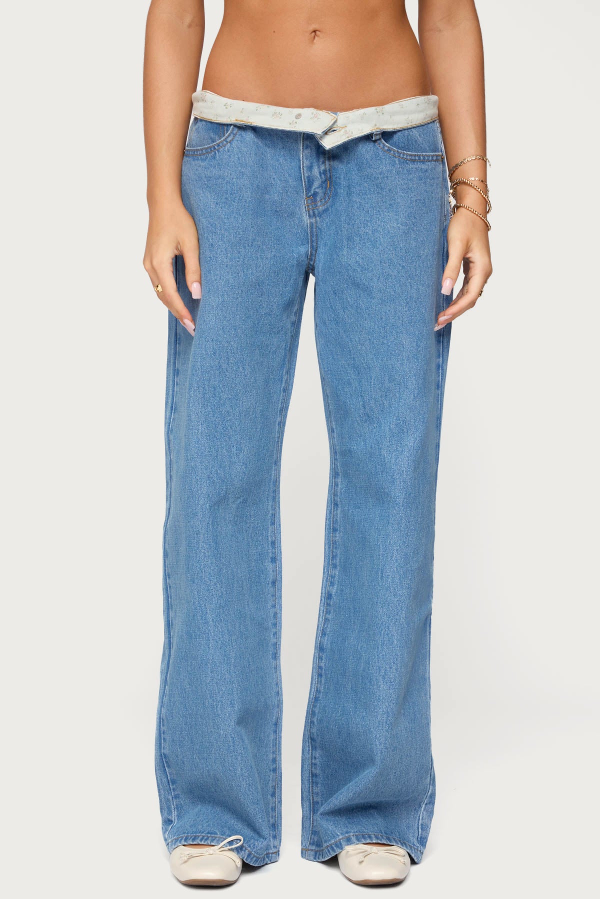 Floral Foldover Low Rise Jeans