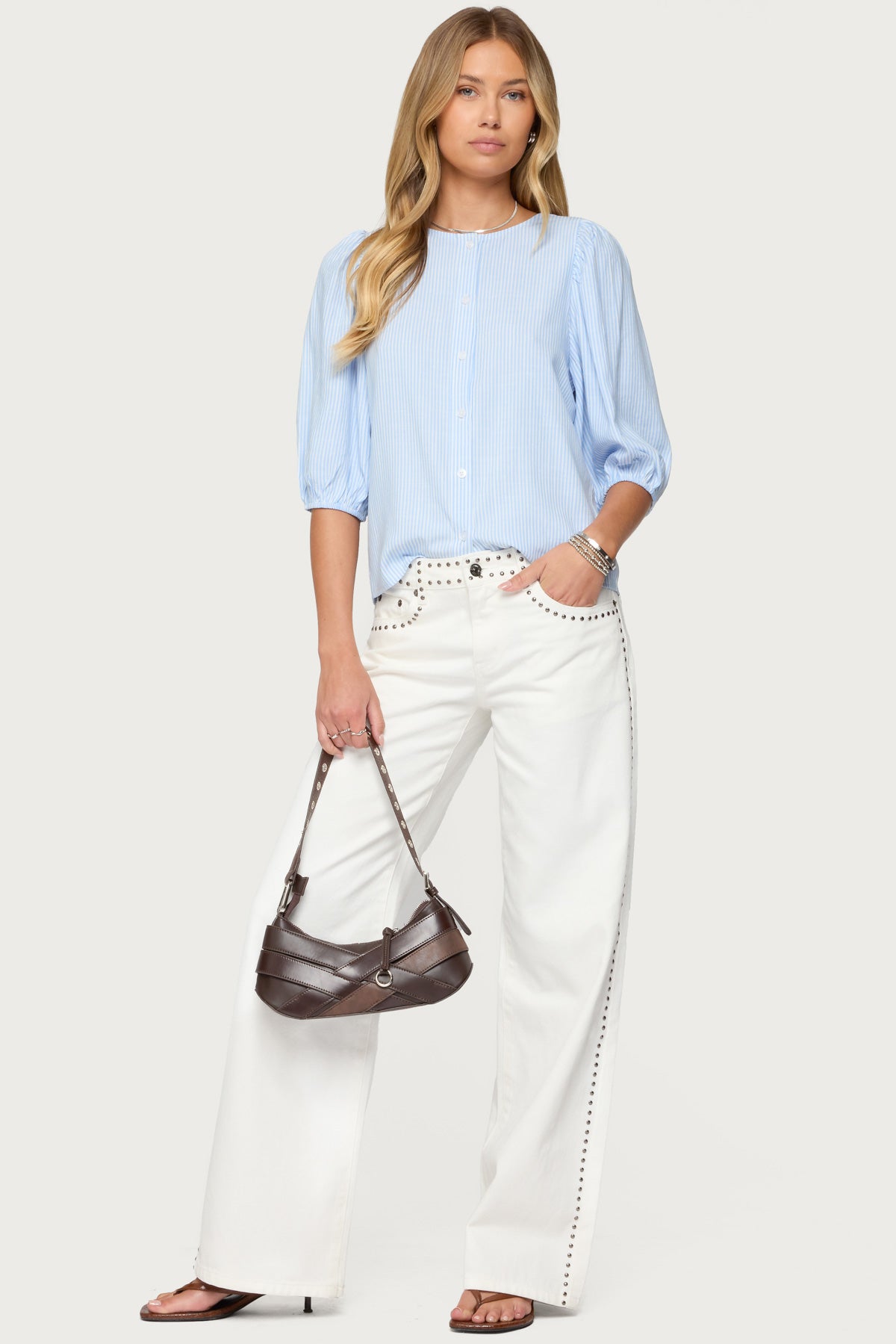 Pinstripe Linen Look Button Up Shirt