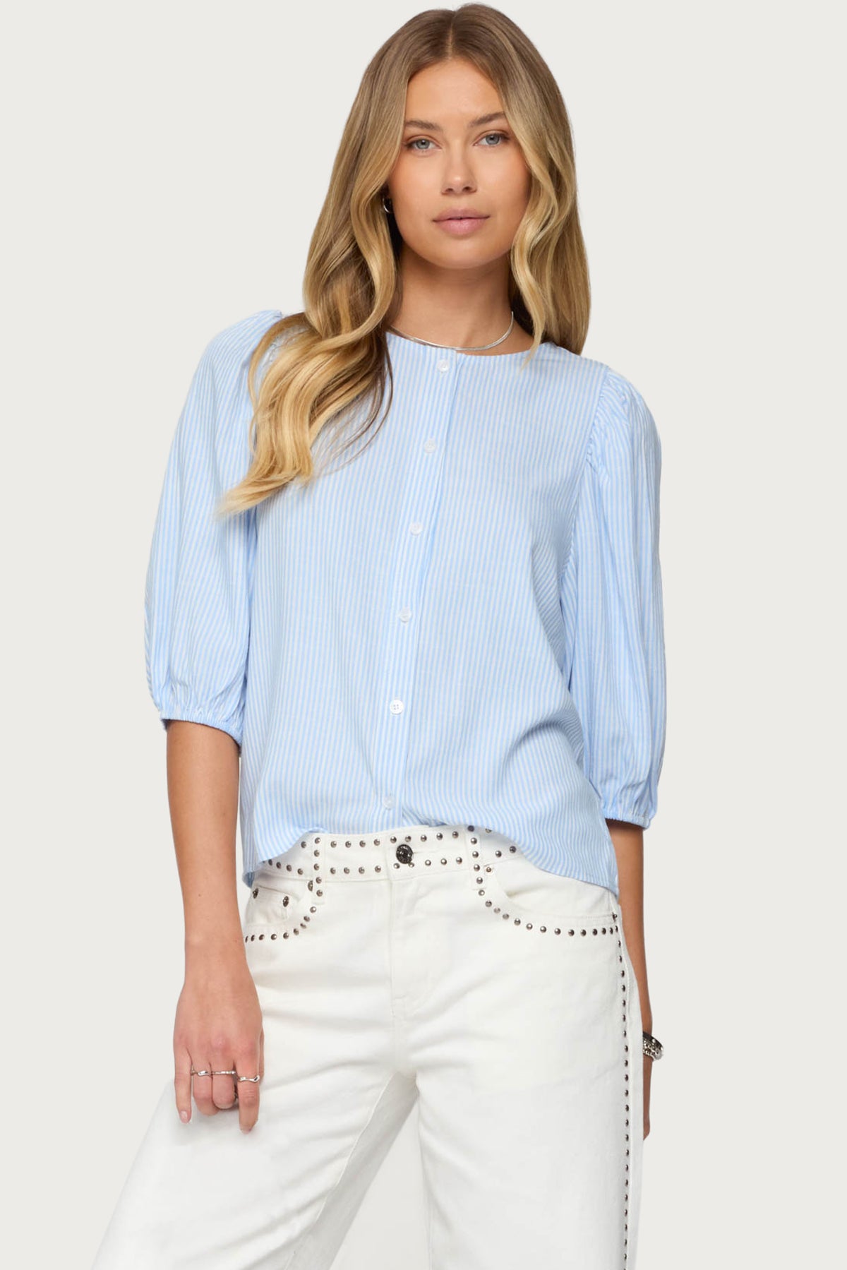 Pinstripe Linen Look Button Up Shirt