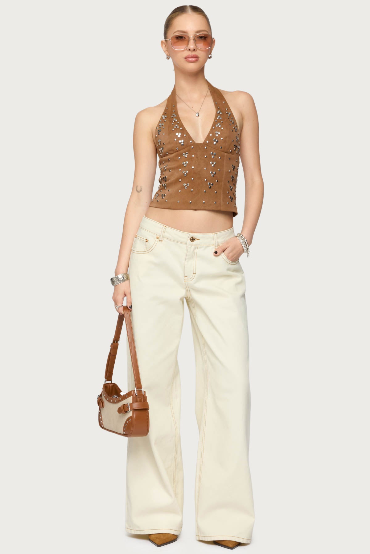 Contrast Stitch Low Rise Wide Leg Jeans