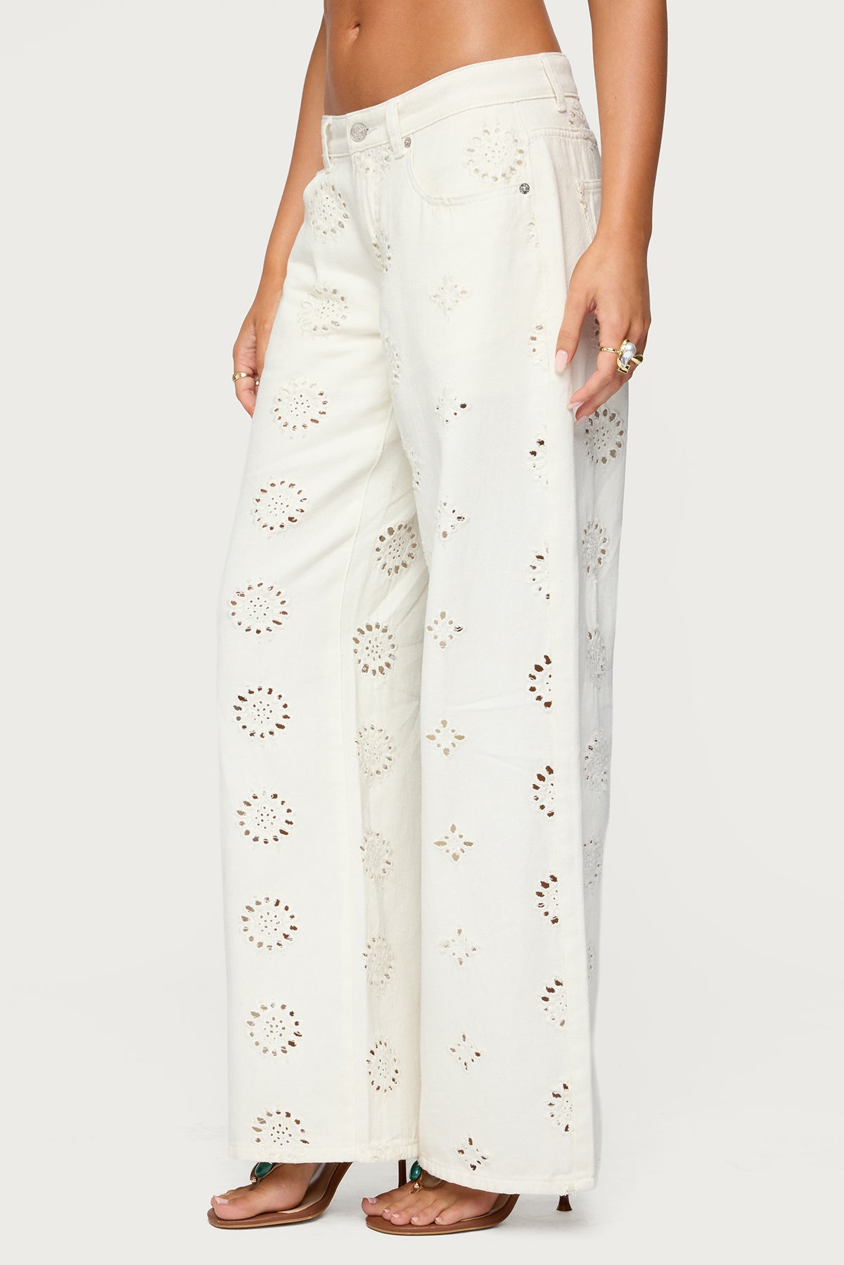 Eyelet Low Rise Wide Leg Jeans