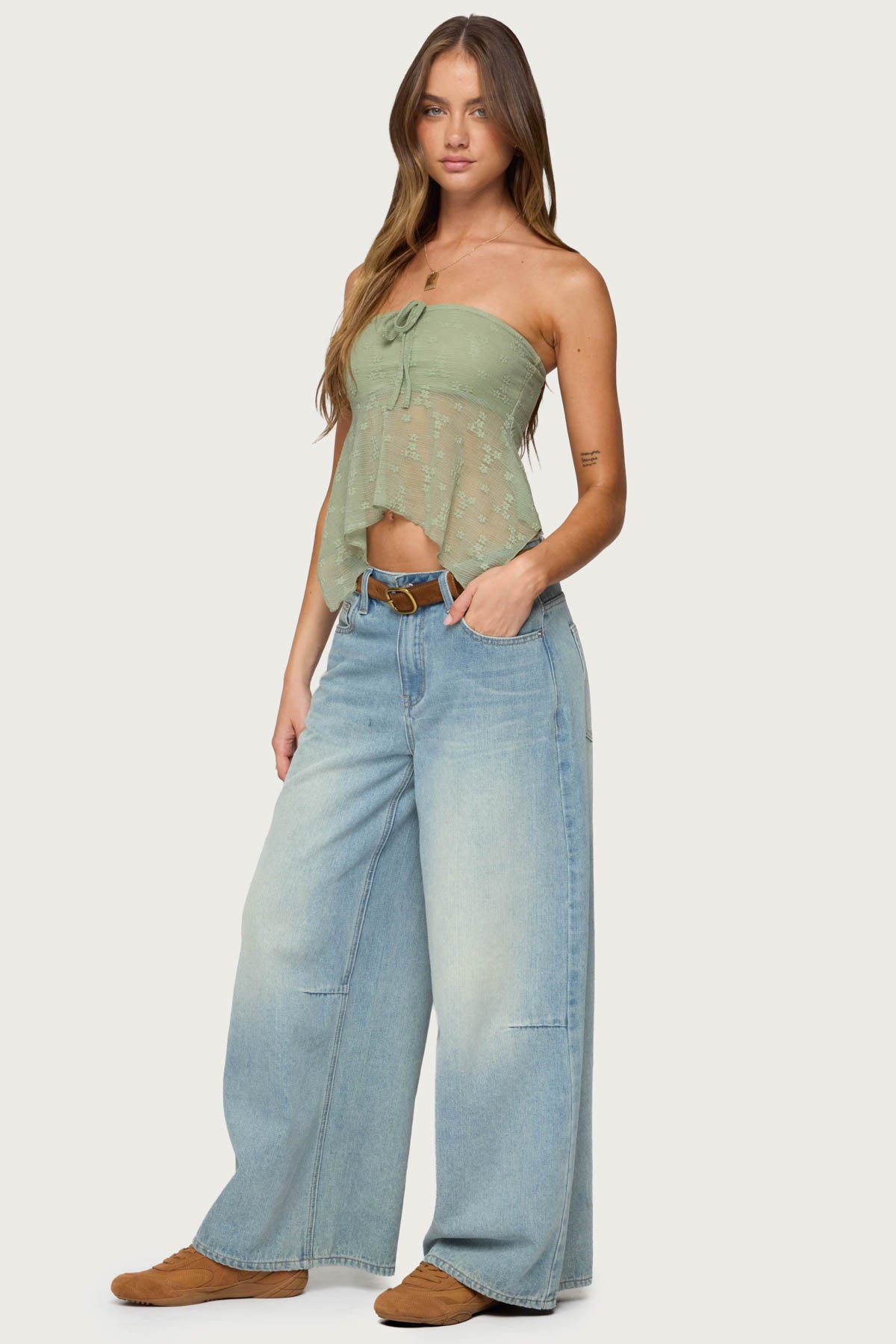 Embroidered Sheer Strapless Top