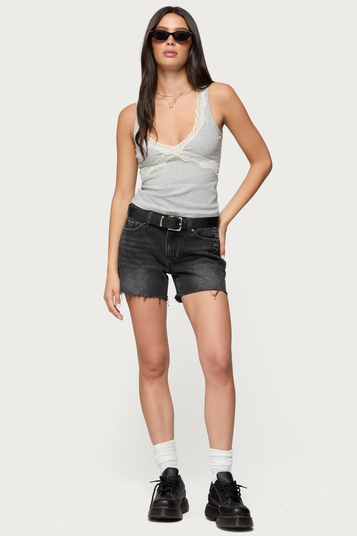 Oriana Contrast Lacey V Neck Top