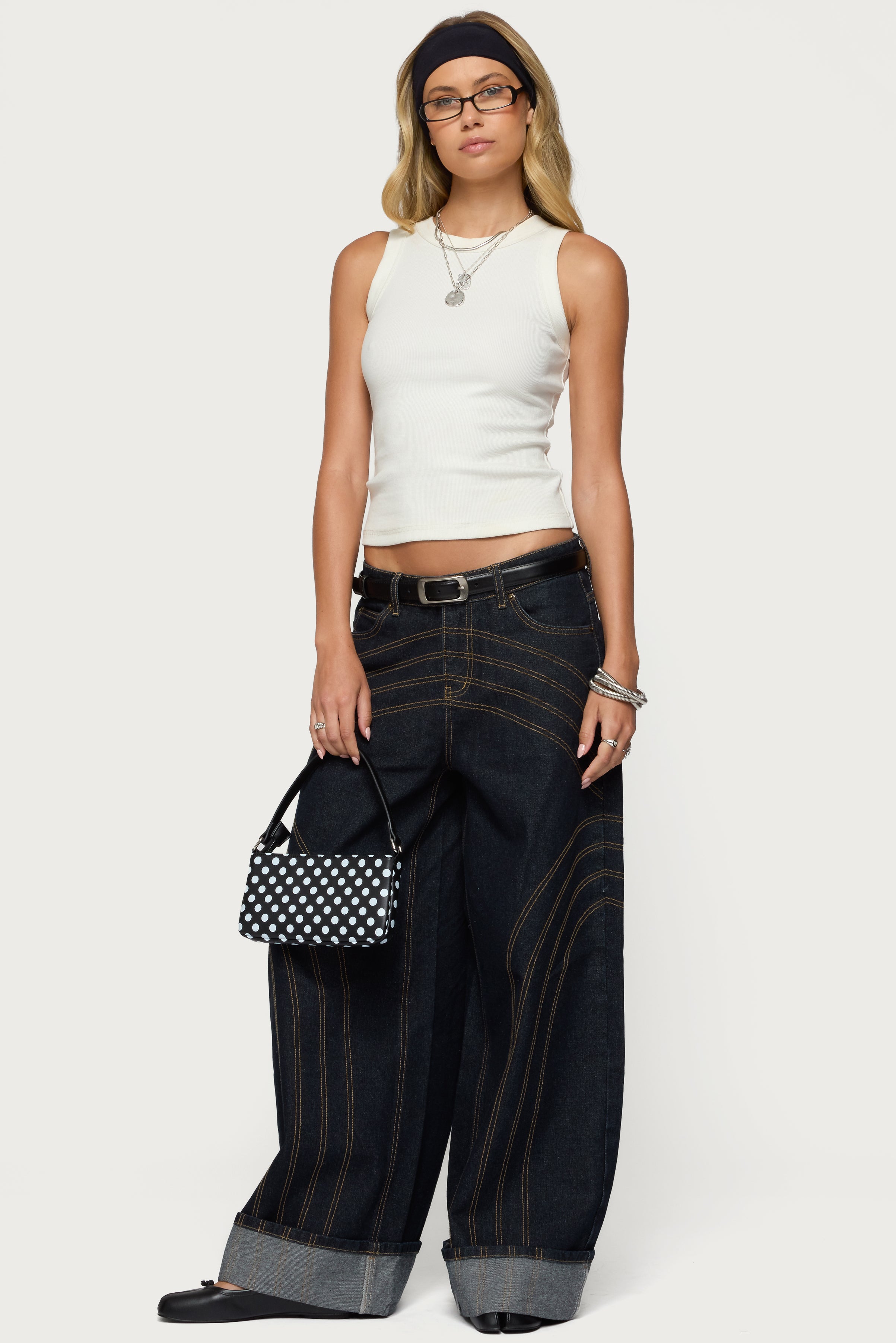 Cuffed Low Rise Wide Leg Jeans