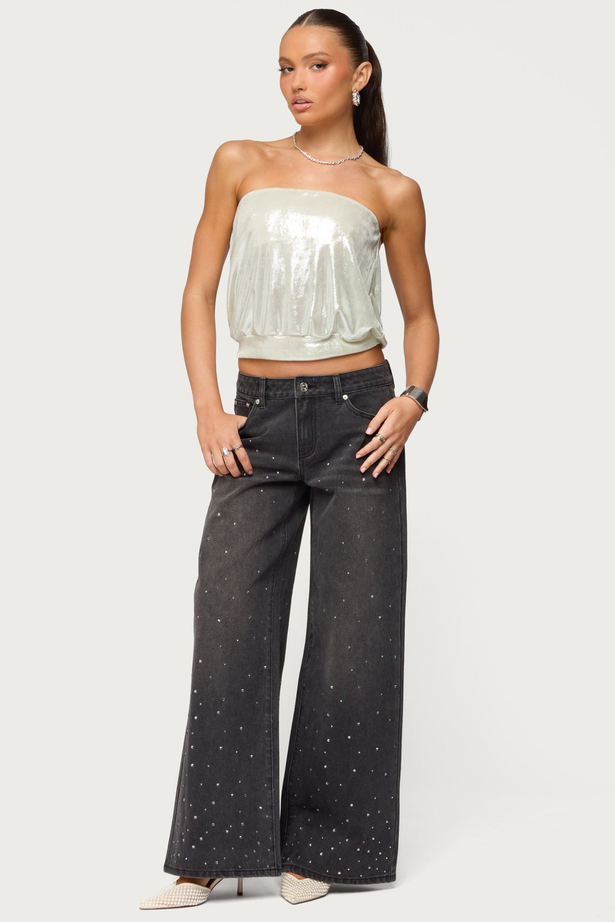 Rhinestone Washed Low Rise Baggy Jeans