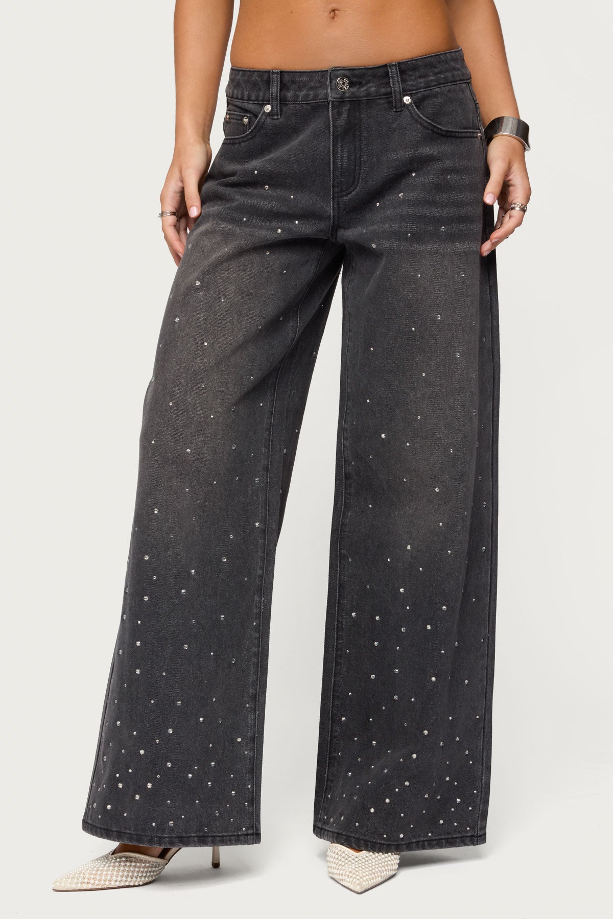 Rhinestone Low Rise Washed Jeans