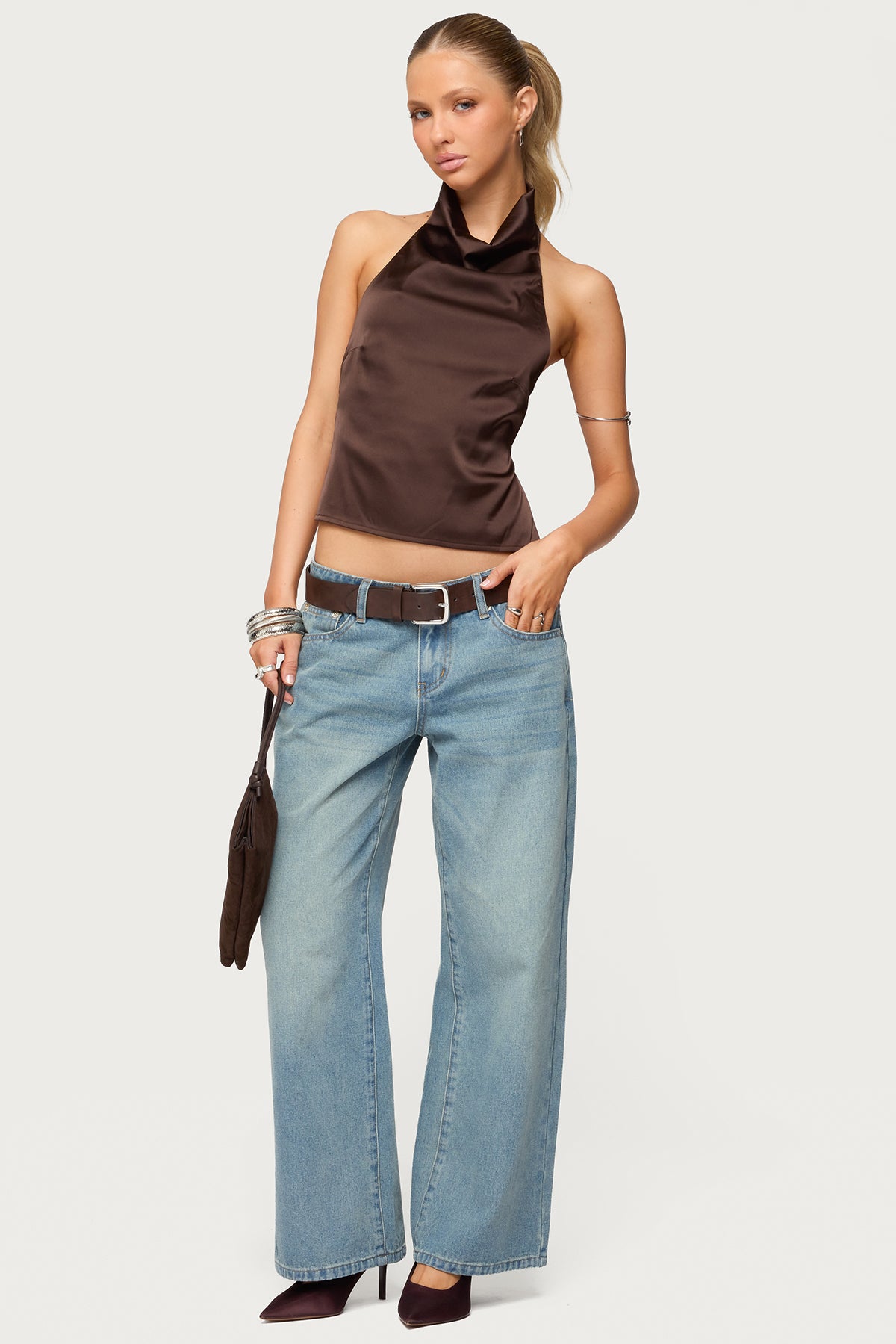 Satin Effect Backless Cowl Neck Top