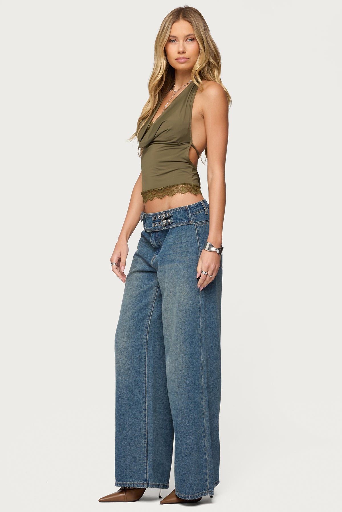 Layered Lacey Cowl Neck Halter Top