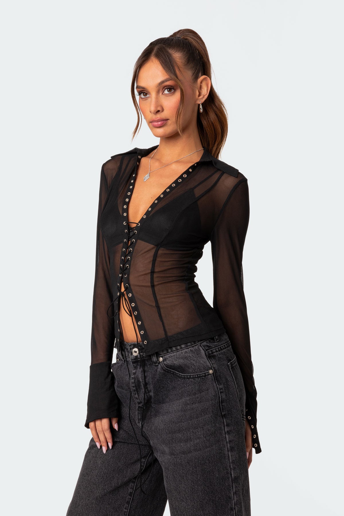 Lace Up Sheer Mesh Top