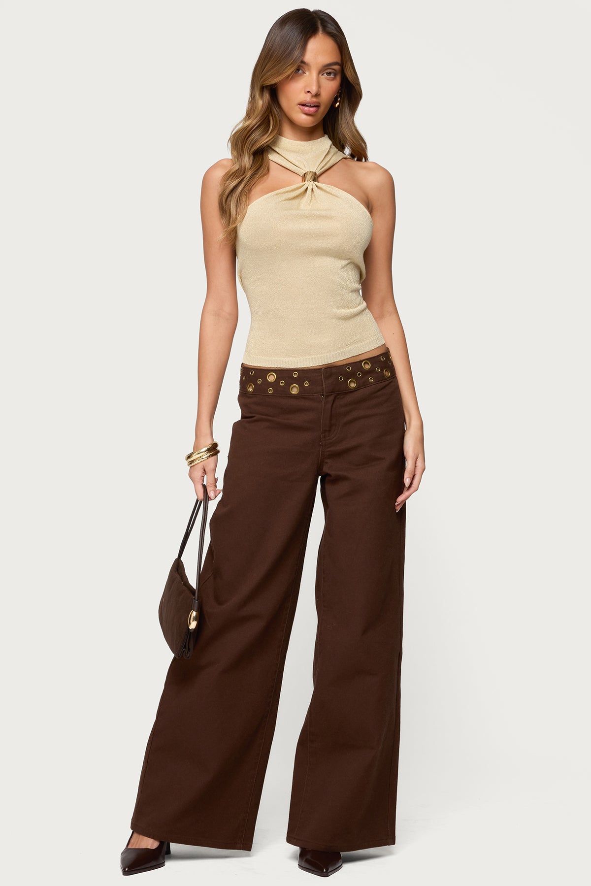 Mixed Grommet Low Rise Wide Leg Jeans