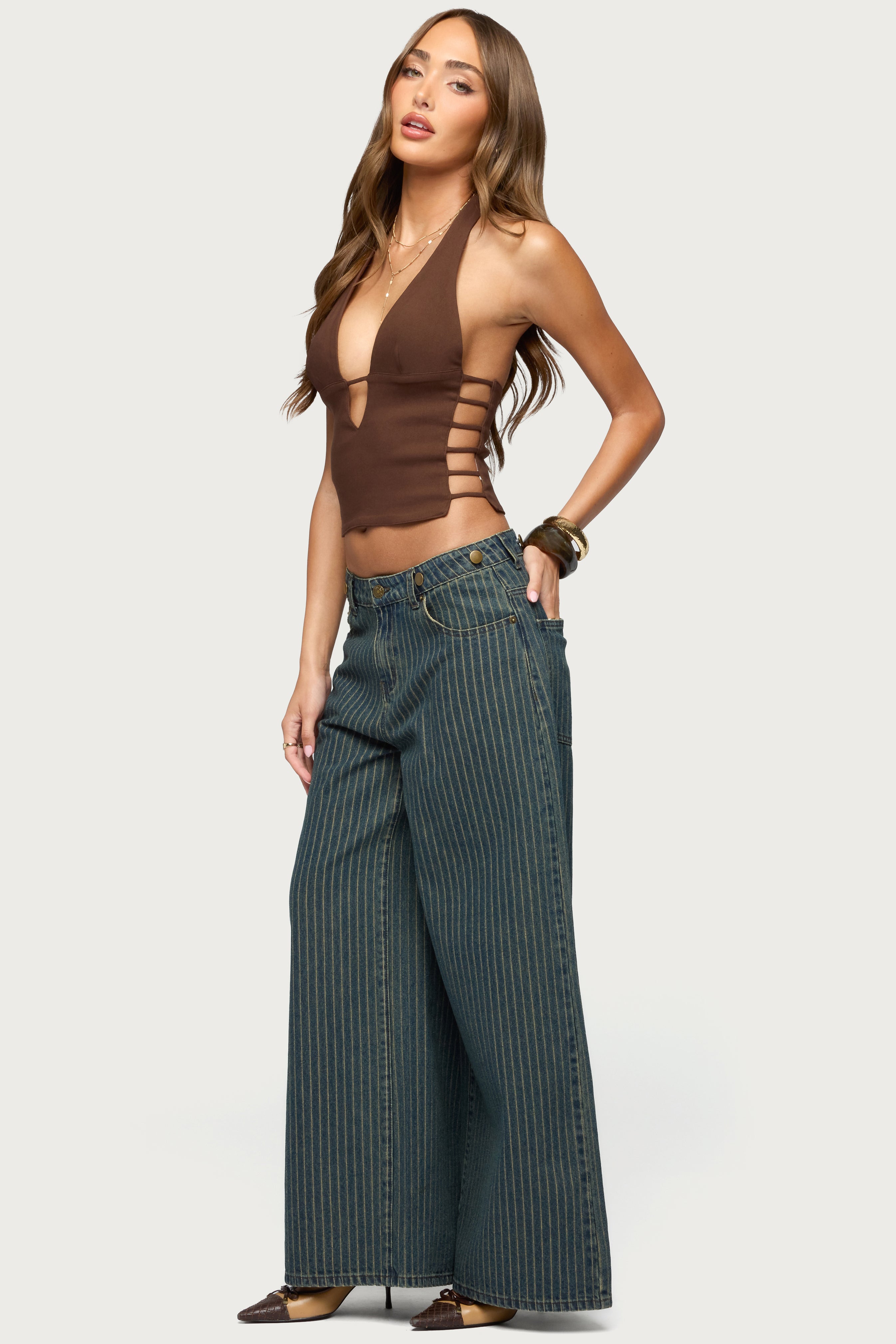 Button Pinstripe Low Rise Baggy Jeans