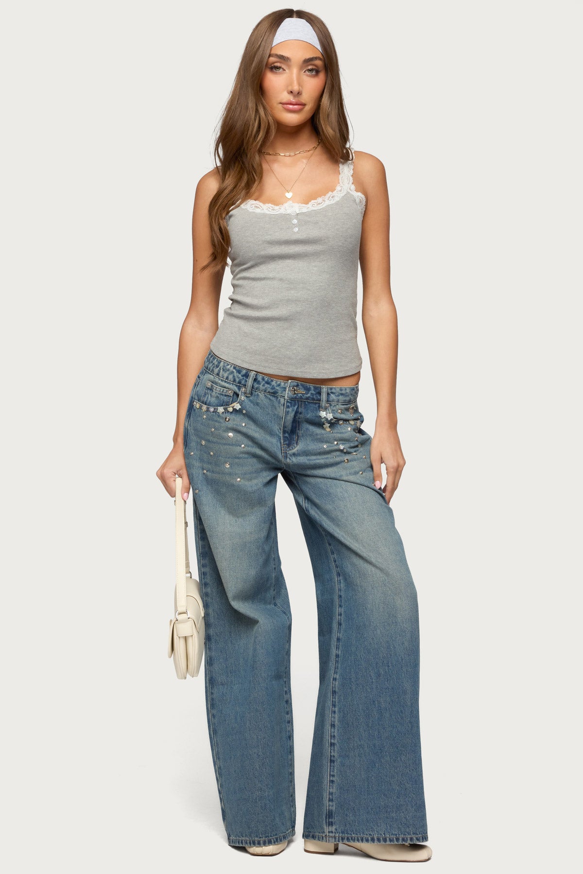 Aileen Contrast Lacey Henley Tank Top
