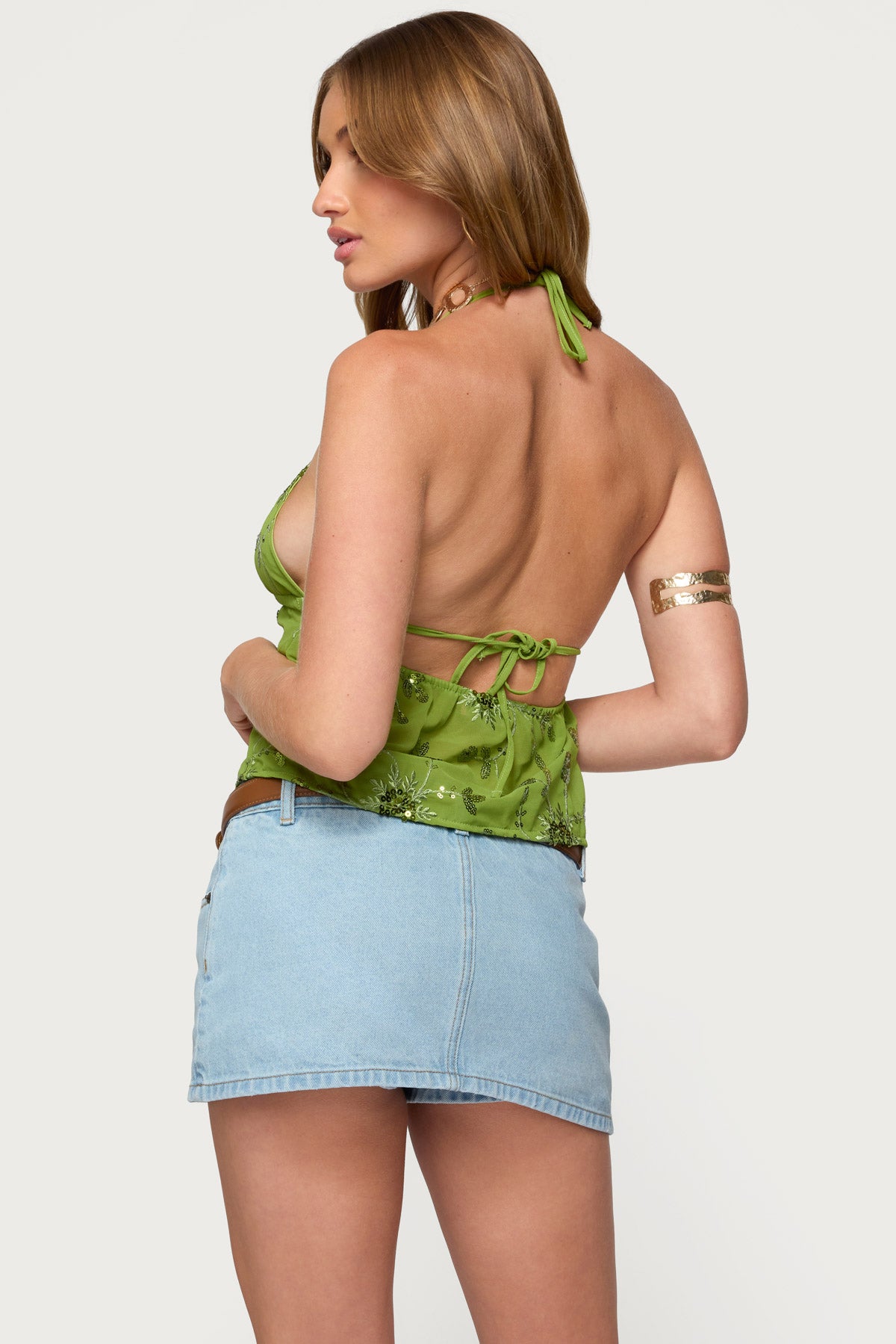 Kiki Sequin Floral Chiffon Halter Top