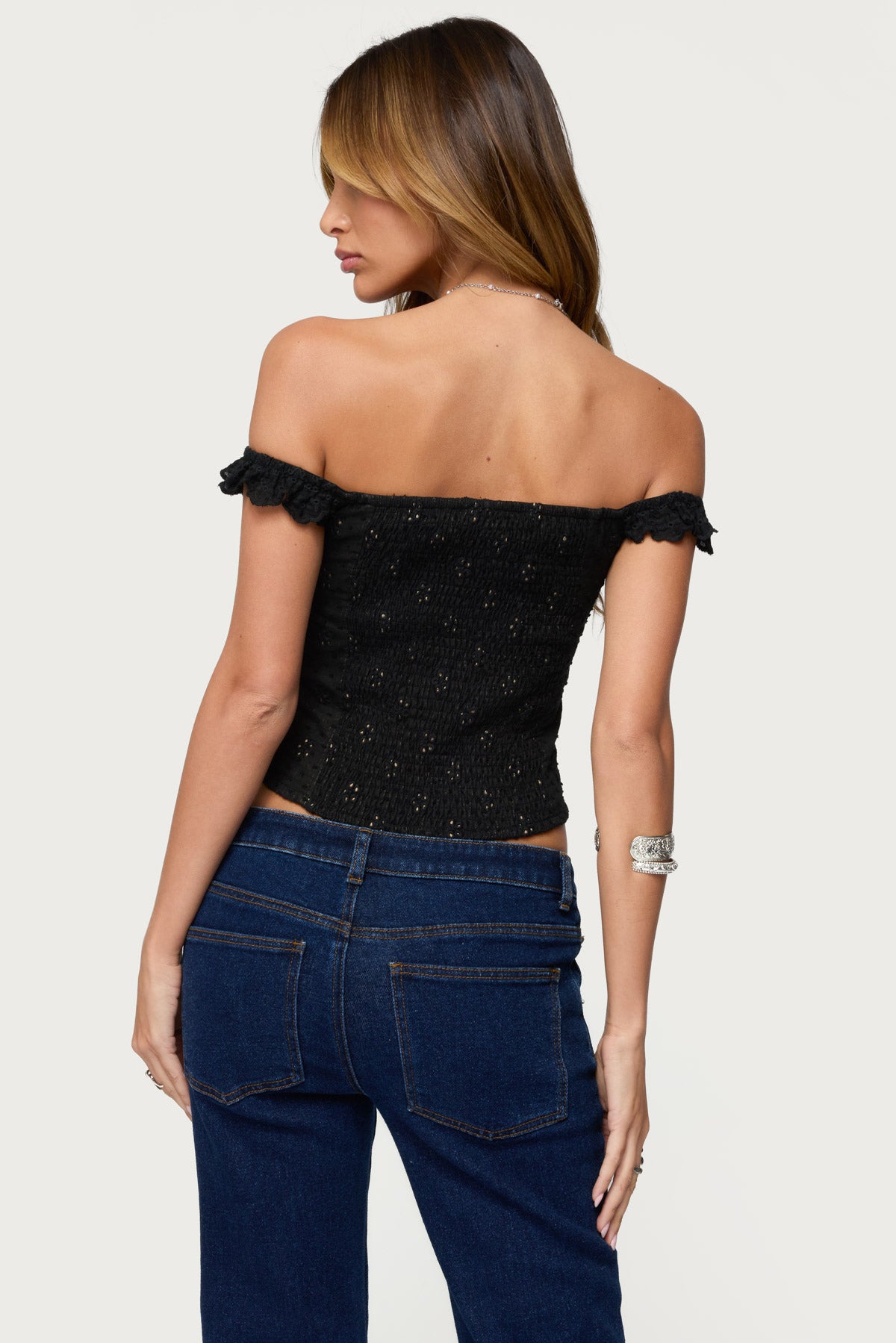Jordana Ruffle Eyelet Off Shoulder Top