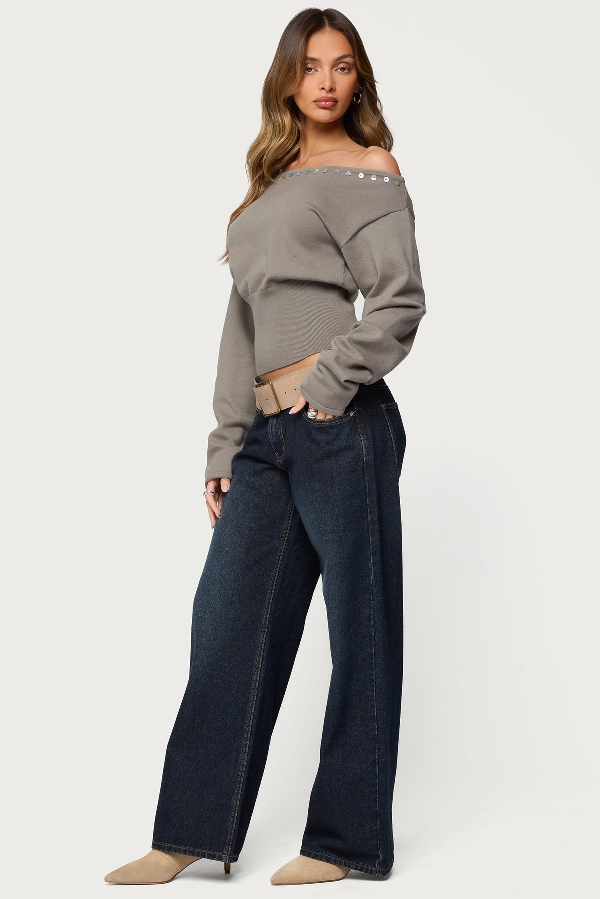 Carmela Iridescent Button Off Shoulder Sweater