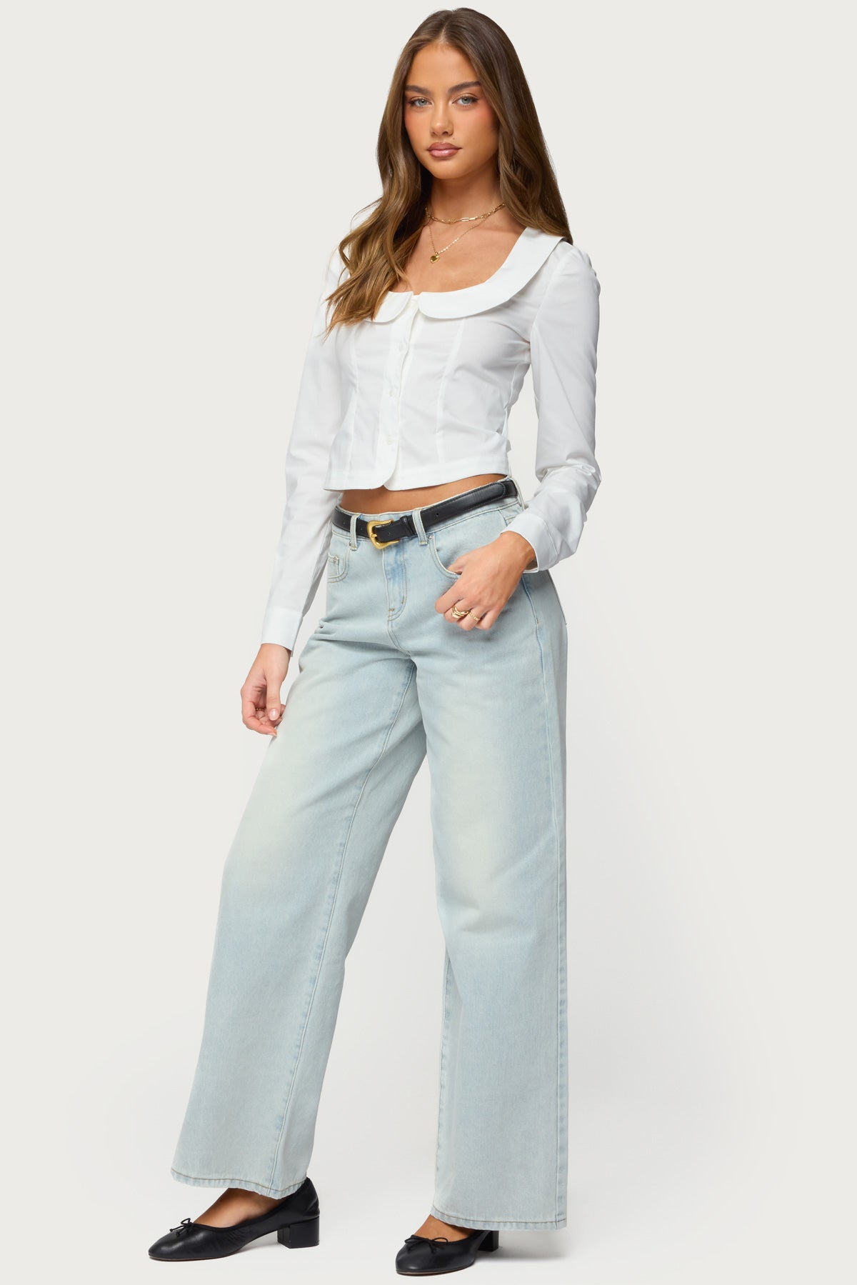 Scoop Neck Tailored Button Up Shirt