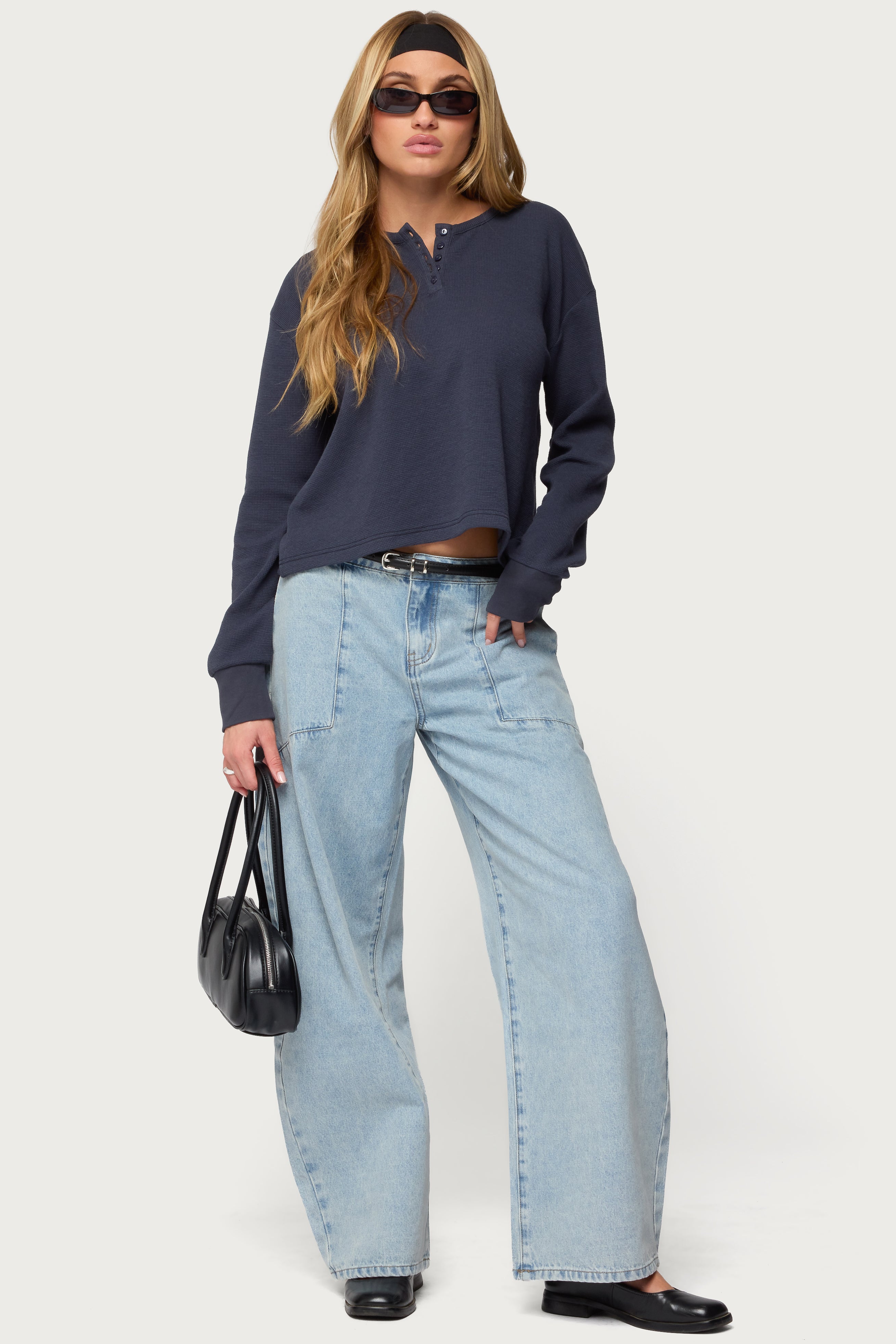 Deni Long Sleeve Henley Waffle Top