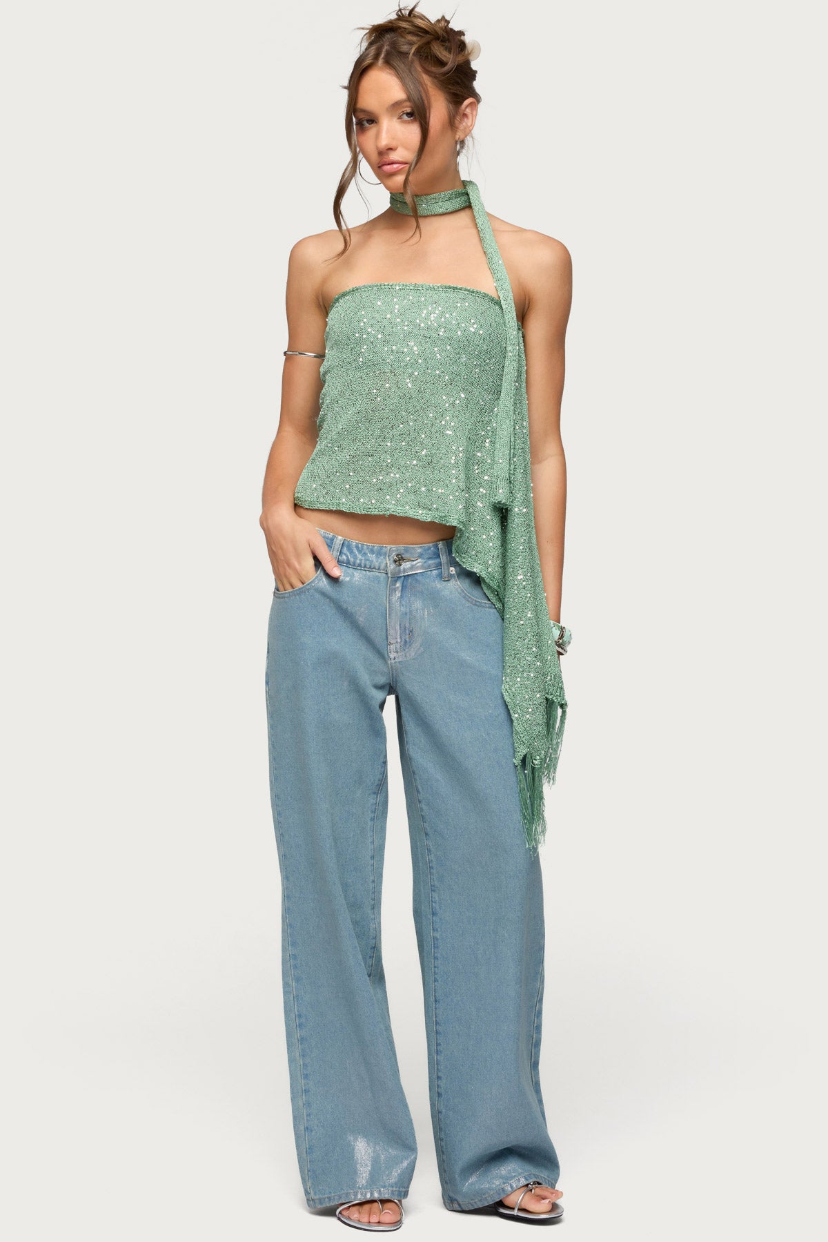 Two Piece Sequin Knit Scarf Top
