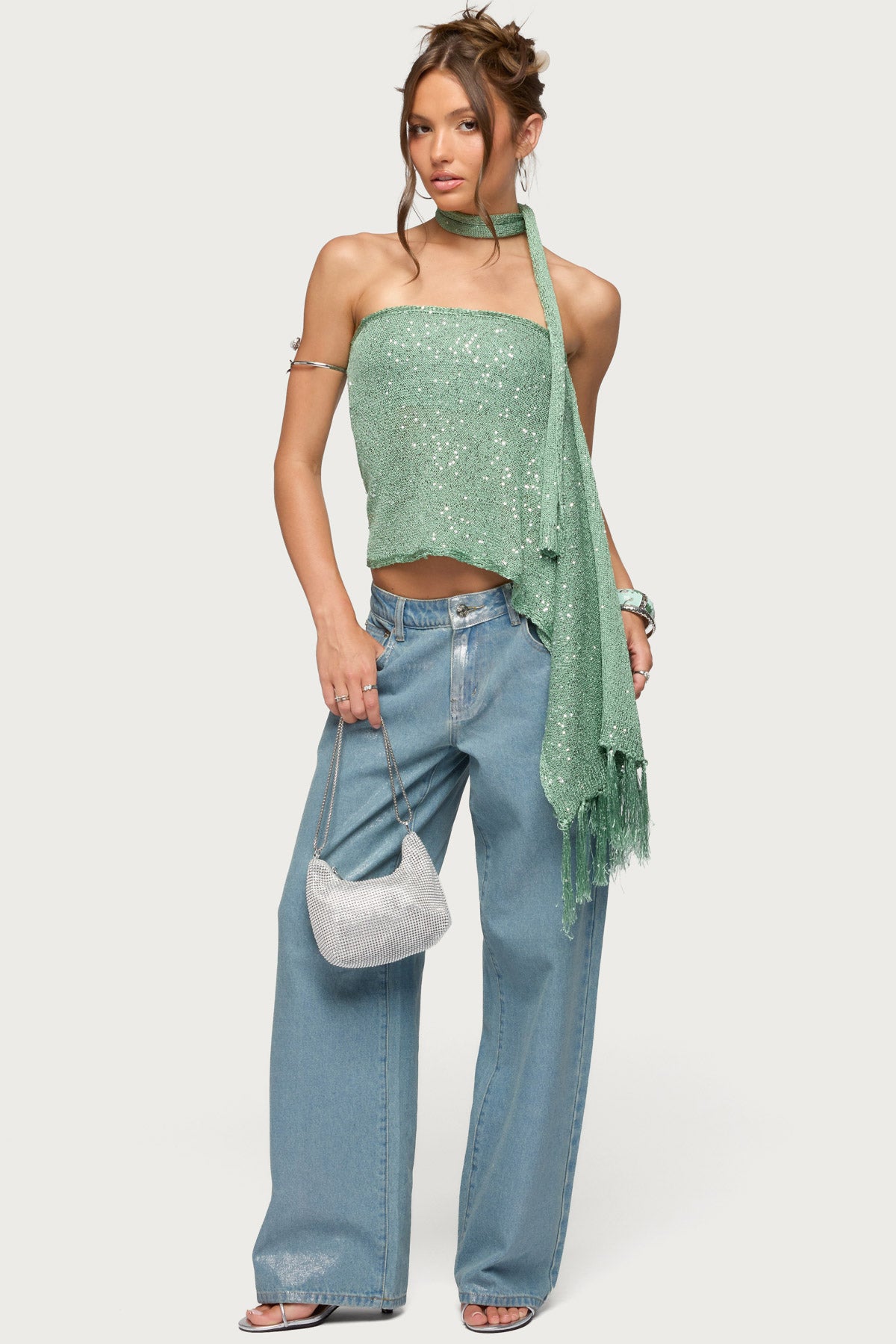 Two Piece Sequin Knit Scarf Top