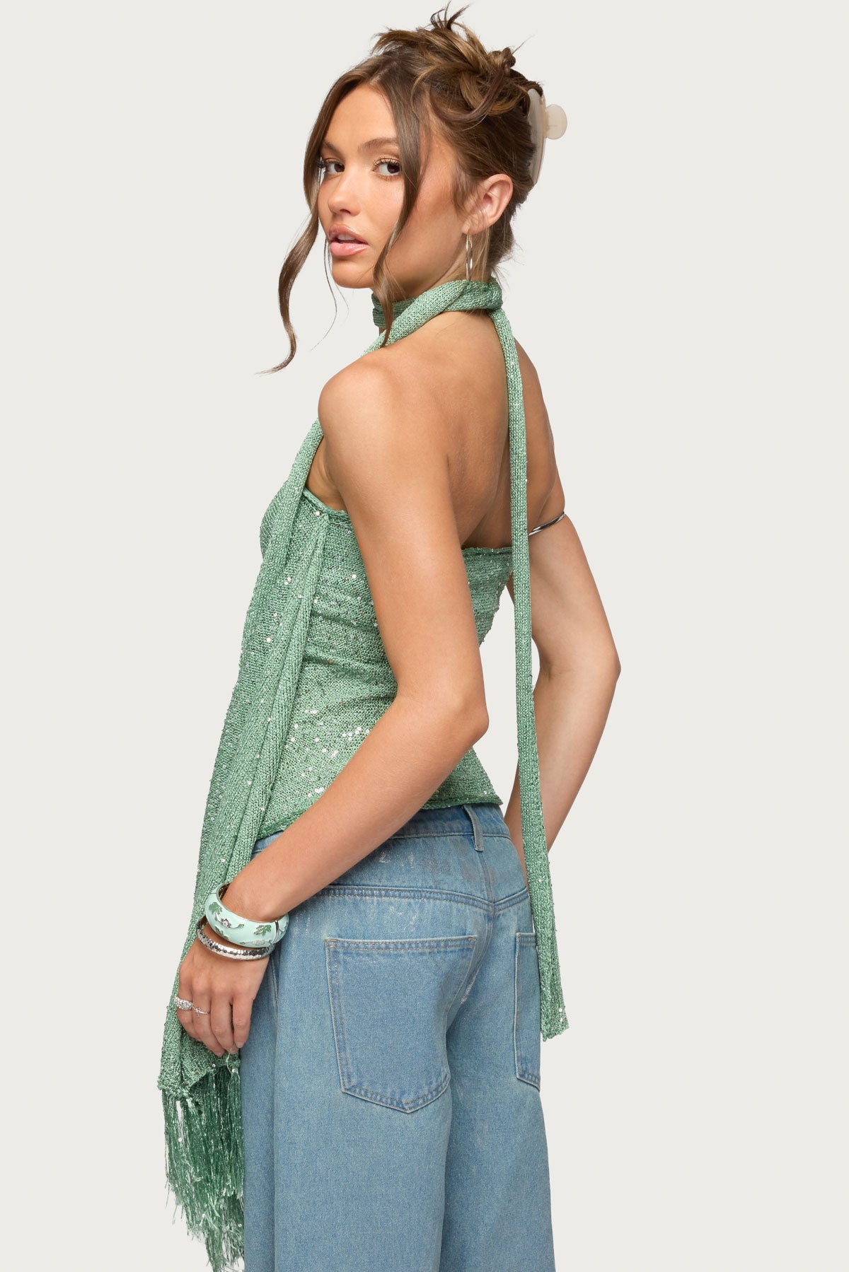 Two Piece Sequin Knit Scarf Top