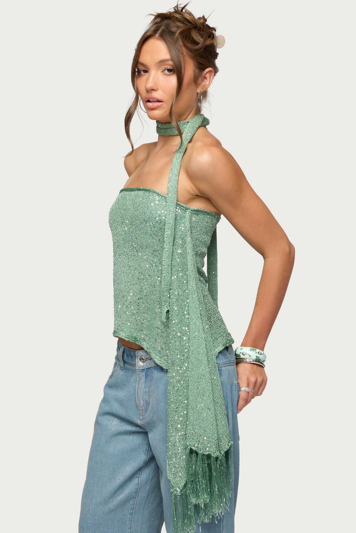 Two Piece Sequin Knit Scarf Top