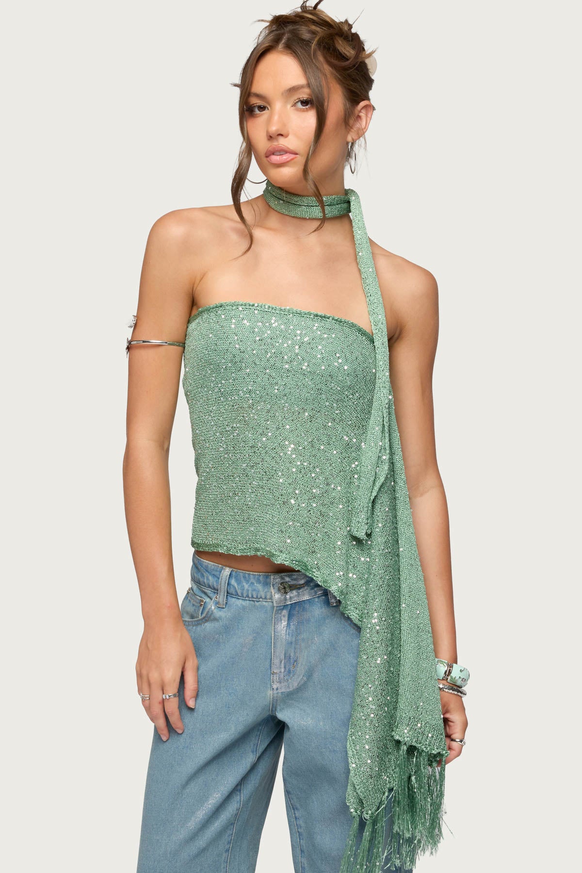 Two Piece Sequin Knit Scarf Top