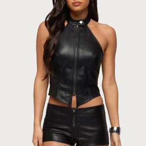 Diana Zip Up Faux Leather Halter Top