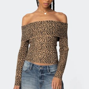 Leopard Printed Fold Over Knit Top