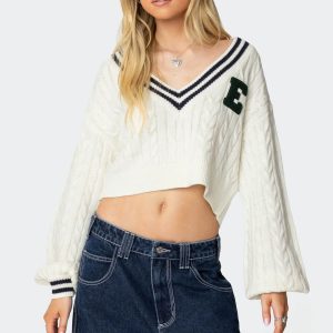 Collegiate Cropped Cable Knit Sweater