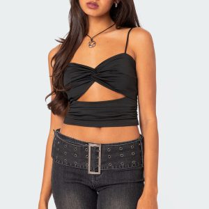 Twist Front Gathered Cut Out Tank Top