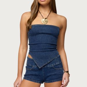 Zaida Asymmetric Denim Strapless Top