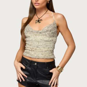 Sequin Crisscross Backless Cowl Neck Top