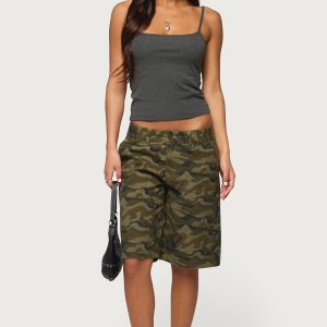 Camo Denim Low Rise Bermuda Shorts