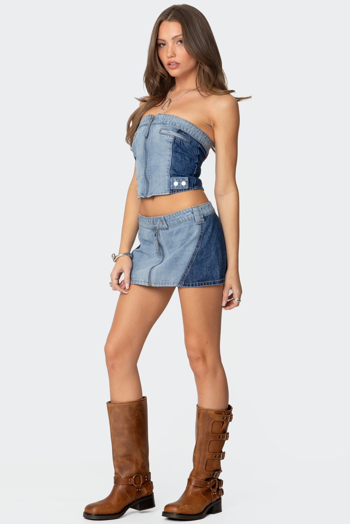 Reni Contrast Zip Denim Mini Skirt - Image 3