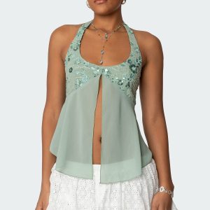 Sequin Chiffon Split Front Top
