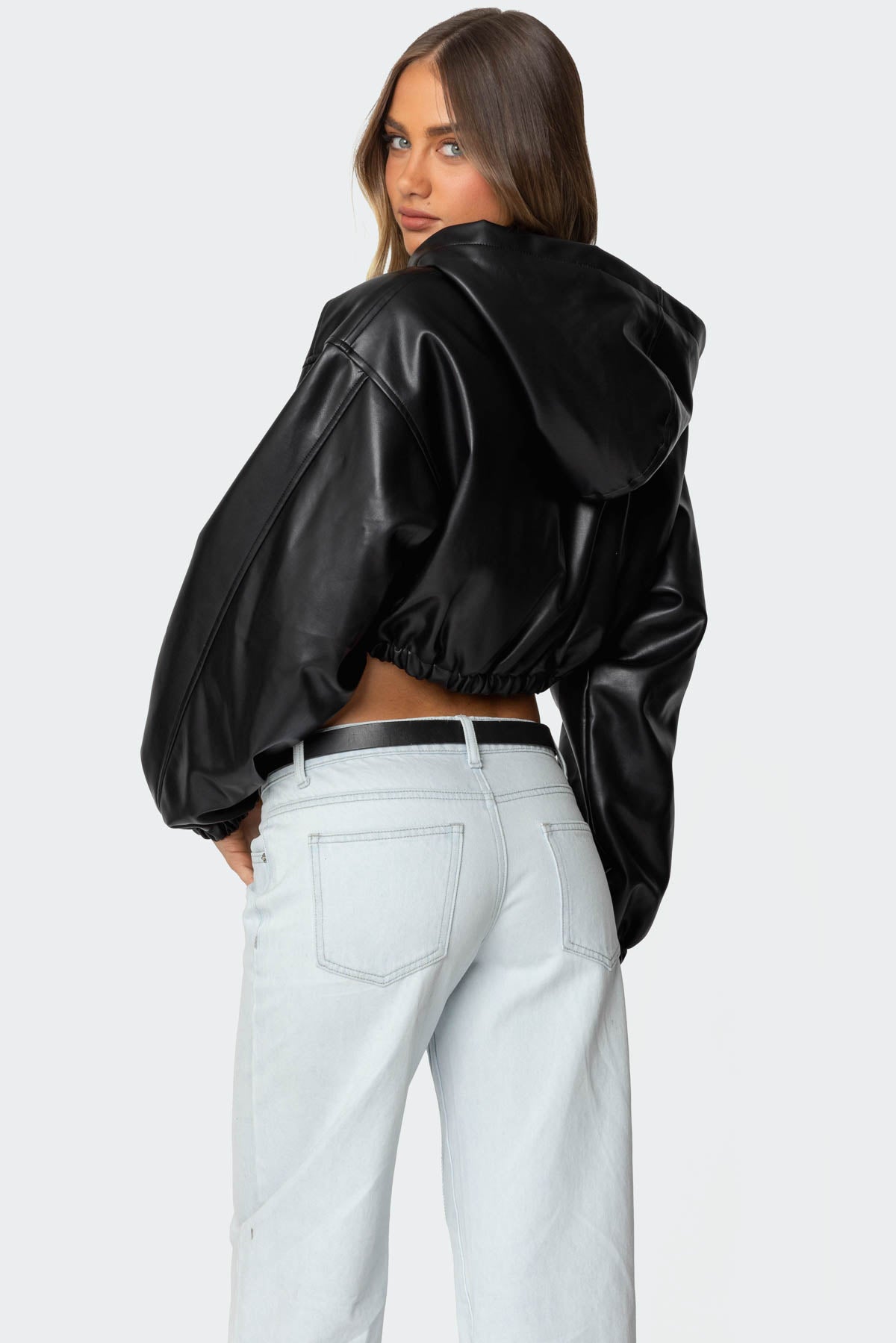 Hooded Faux Leather Cropped Jacket - Image 5
