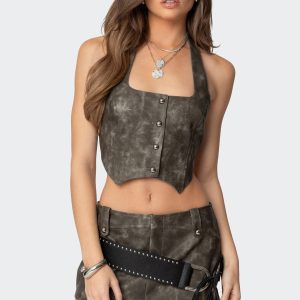 Bar Washed Faux Leather Halter Top