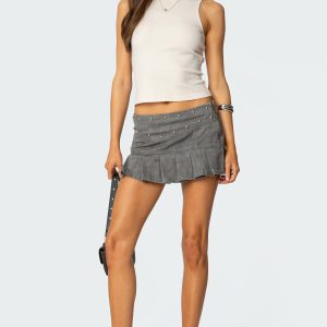 Stud Pleated Denim Mini Skirt