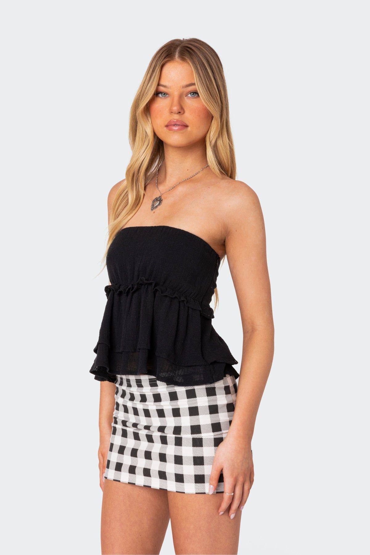Linen Look Strapless Peplum Top - Image 3
