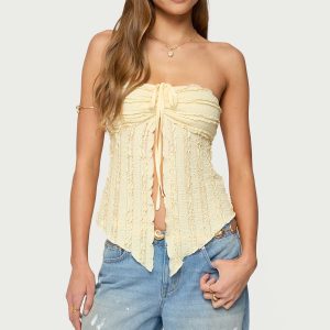 Textured Ruffle Split Front Strapless Top