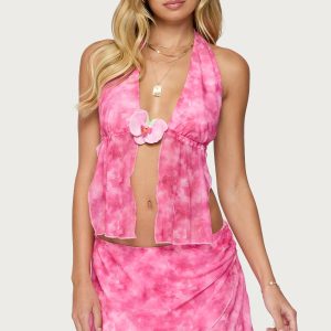 Tiedye Mesh Split Front Backless Top