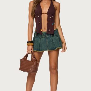 Frayed Pleated Denim Mini Skort