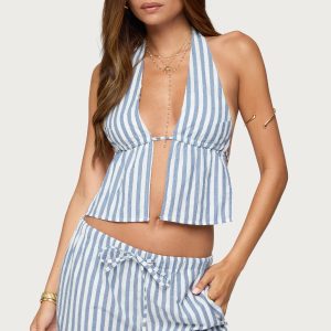 Macey Striped Split Front Backless Top