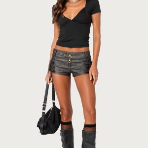 Washed Faux Leather Micro Cargo Shorts