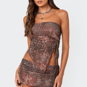 Leopard printed asymmetric mesh tube top
