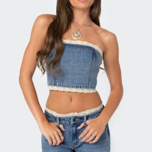 Karlie Lace Trim Denim Tube Top